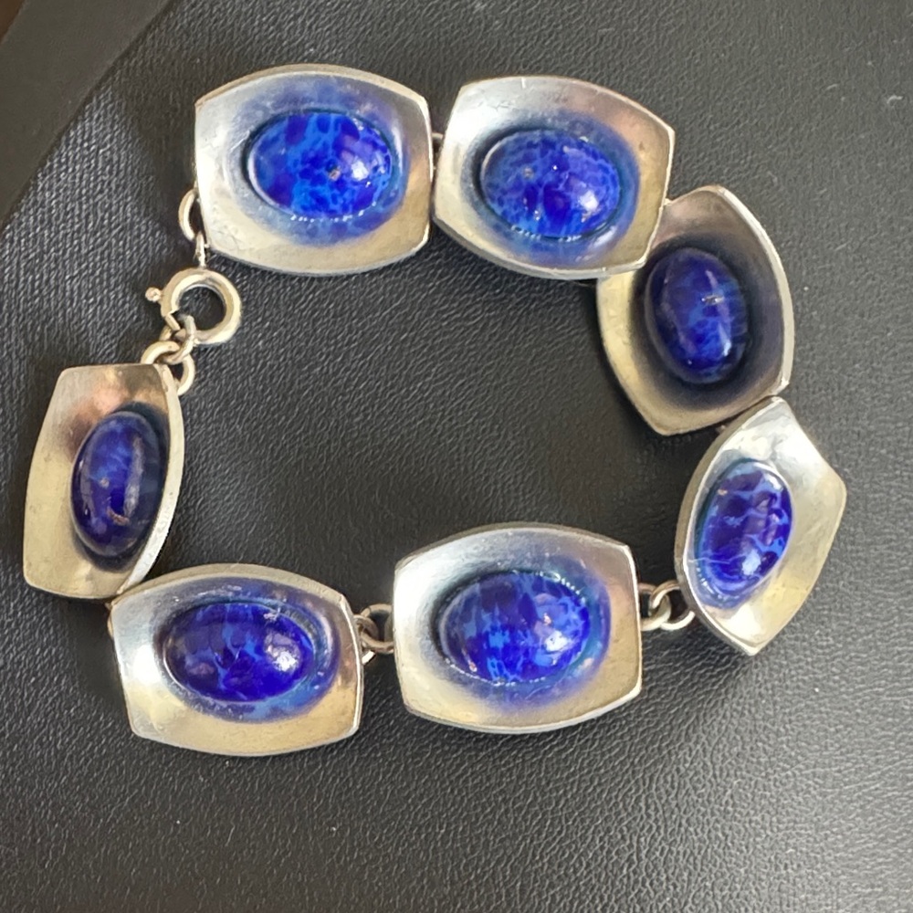 Vintage Modernist Mid Century Jorgen Jensen Pewter Bracelet w Blue Glass Stones